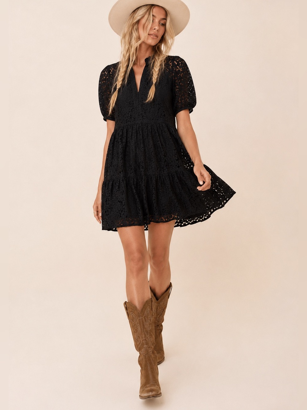 CeCe Black Lace Tiered Mini Dress